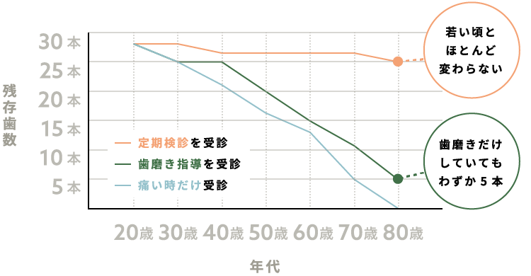 定期検診を受診：80歳でも若い頃とほとんど変わらない、歯磨き指導を受診：歯磨きだけしていてもわずか5本、痛い時だけ受診：80歳の残存歯数が0の可能性